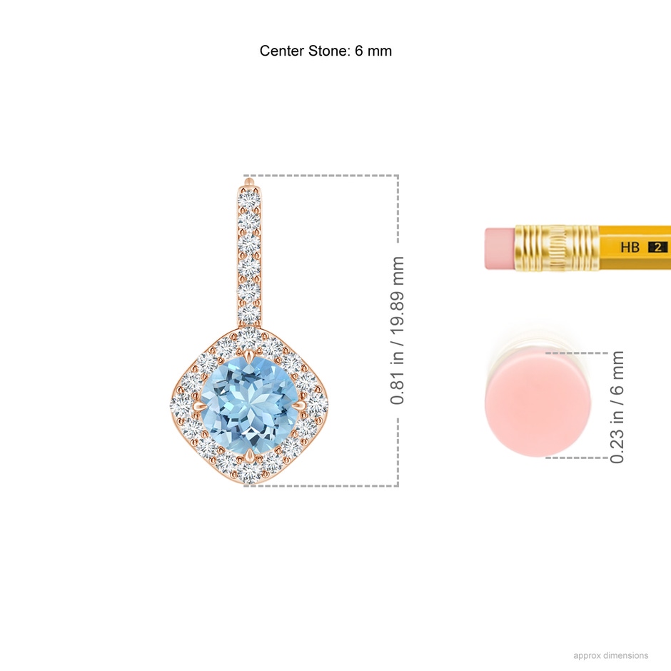 6mm AAAA Claw-Set Aquamarine and Diamond Leverback Halo Earrings in Rose Gold ruler