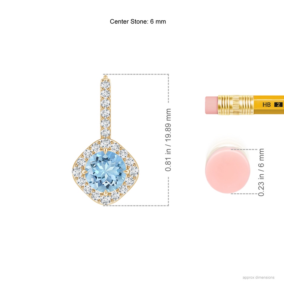 6mm AAAA Claw-Set Aquamarine and Diamond Leverback Halo Earrings in Yellow Gold ruler