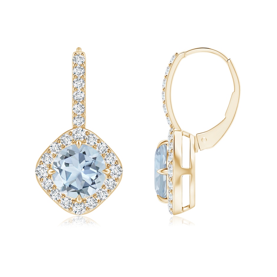 7mm A Claw-Set Aquamarine and Diamond Leverback Halo Earrings in Yellow Gold 