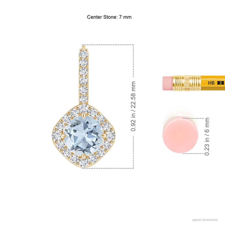 7mm A Claw-Set Aquamarine and Diamond Leverback Halo Earrings in Yellow Gold ruler