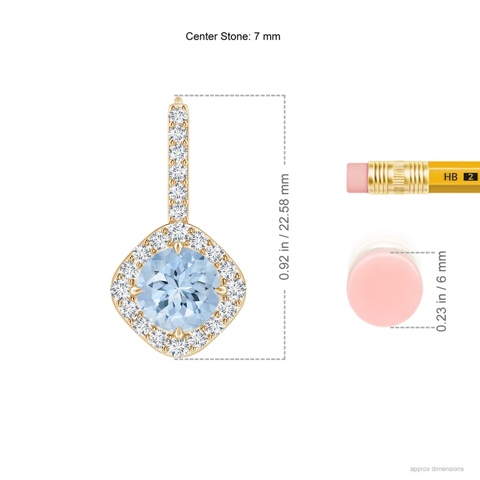 7mm AA Claw-Set Aquamarine and Diamond Leverback Halo Earrings in Yellow Gold ruler