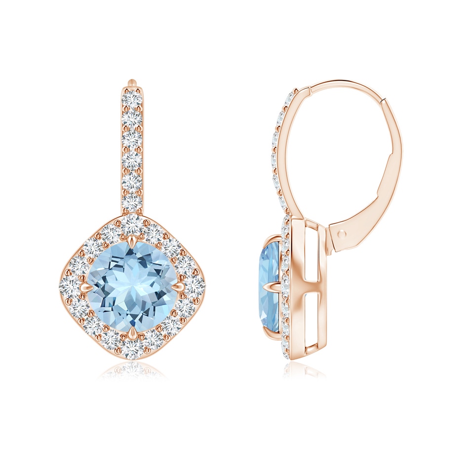 7mm AAA Claw-Set Aquamarine and Diamond Leverback Halo Earrings in Rose Gold 