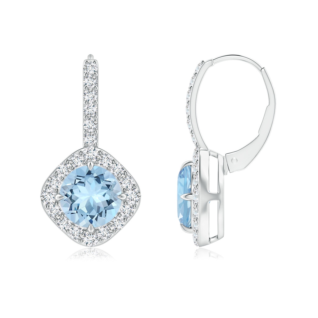 7mm AAA Claw-Set Aquamarine and Diamond Leverback Halo Earrings in White Gold