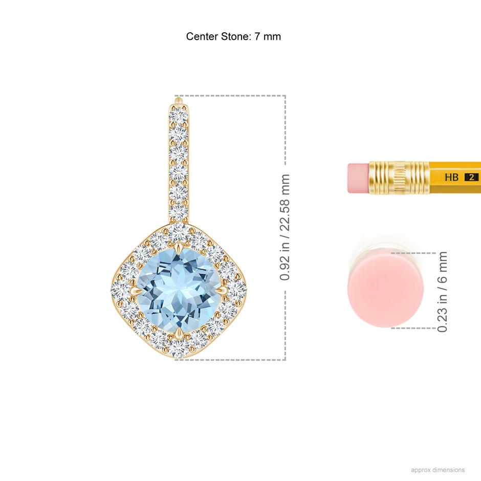 7mm AAA Claw-Set Aquamarine and Diamond Leverback Halo Earrings in Yellow Gold ruler