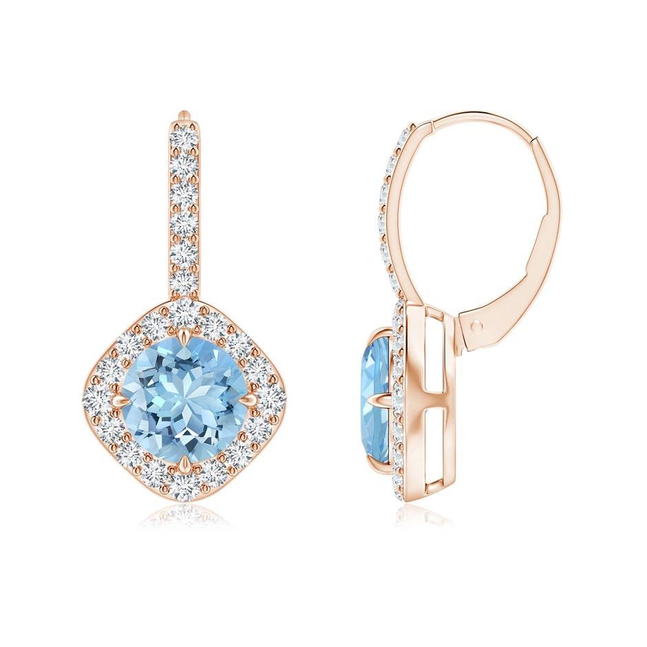 7mm AAAA Claw-Set Aquamarine and Diamond Leverback Halo Earrings in Rose Gold 
