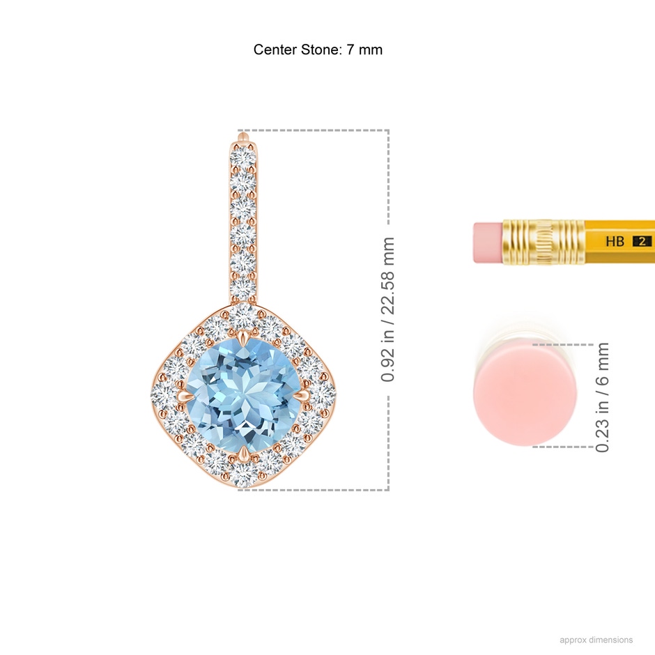 7mm AAAA Claw-Set Aquamarine and Diamond Leverback Halo Earrings in Rose Gold ruler