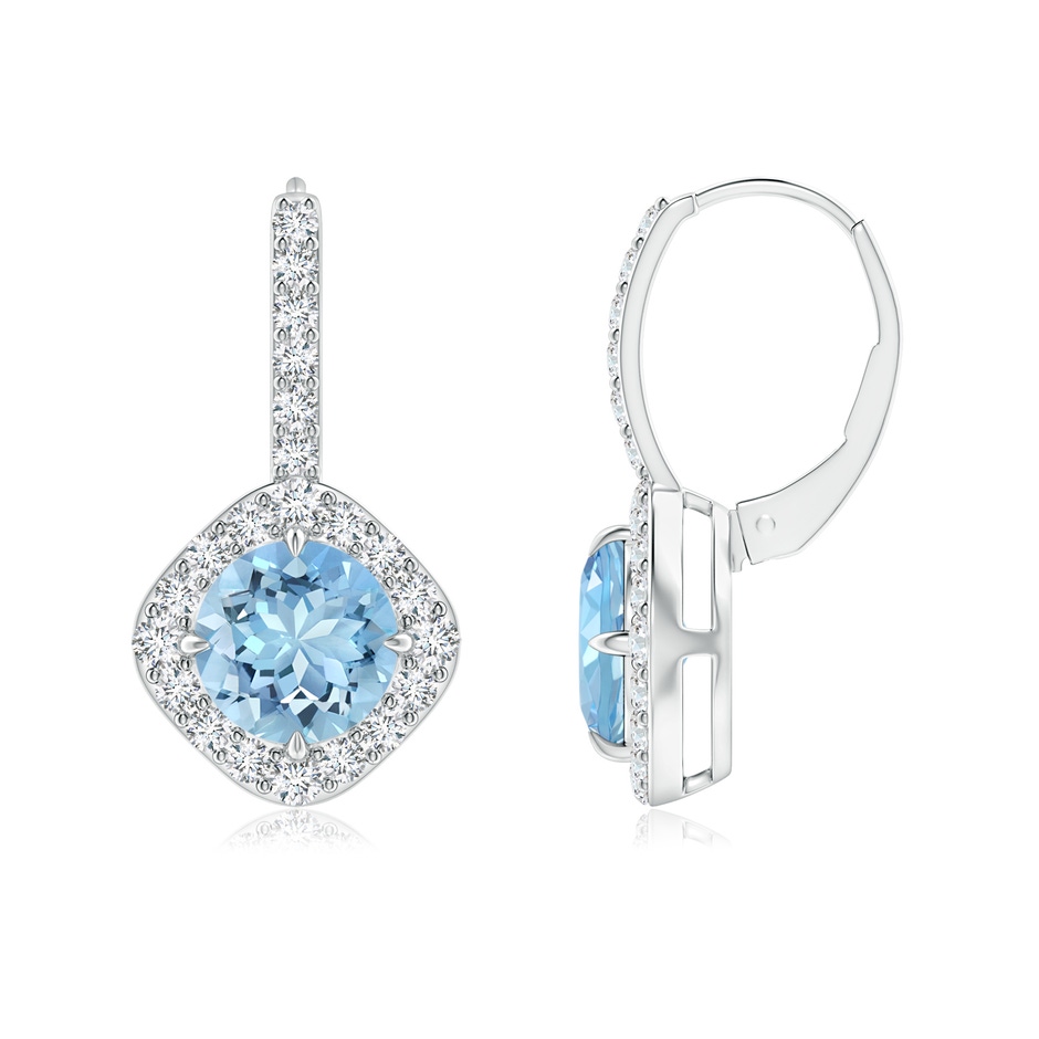 7mm AAAA Claw-Set Aquamarine and Diamond Leverback Halo Earrings in White Gold 