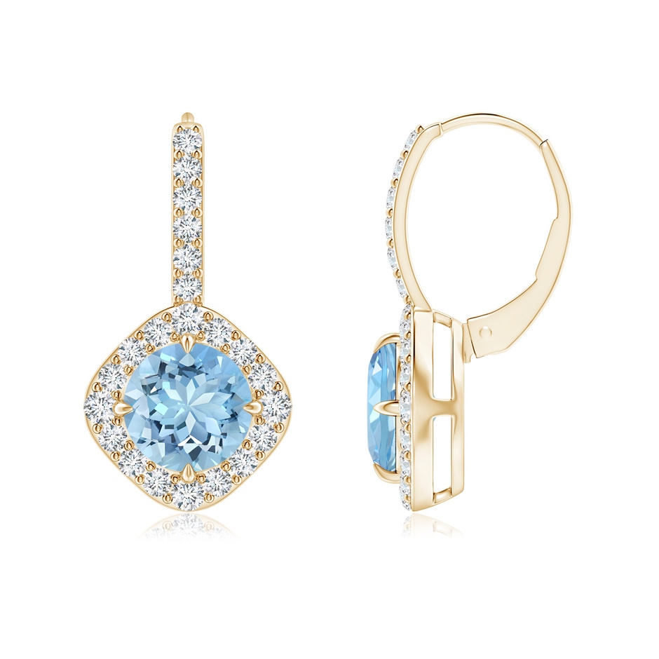7mm AAAA Claw-Set Aquamarine and Diamond Leverback Halo Earrings in Yellow Gold 