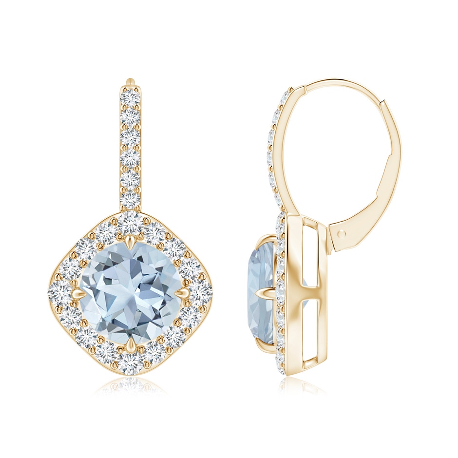 8mm A Claw-Set Aquamarine and Diamond Leverback Halo Earrings in Yellow Gold 