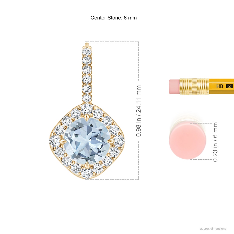 8mm A Claw-Set Aquamarine and Diamond Leverback Halo Earrings in Yellow Gold ruler