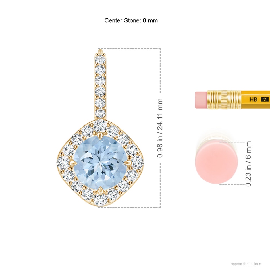 8mm AA Claw-Set Aquamarine and Diamond Leverback Halo Earrings in Yellow Gold ruler