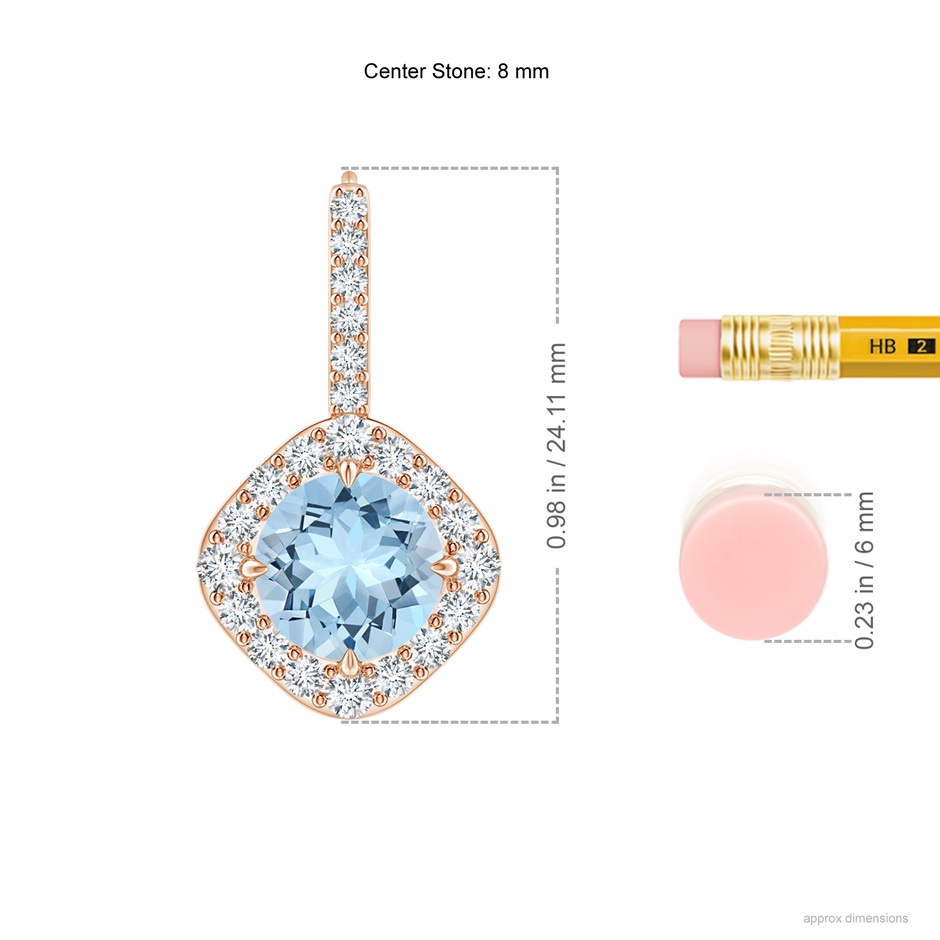 8mm AAA Claw-Set Aquamarine and Diamond Leverback Halo Earrings in Rose Gold ruler