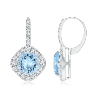 8mm AAA Claw-Set Aquamarine and Diamond Leverback Halo Earrings in White Gold