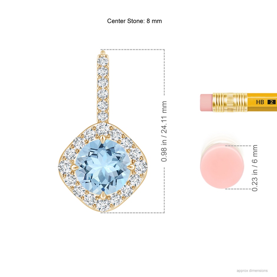 8mm AAA Claw-Set Aquamarine and Diamond Leverback Halo Earrings in Yellow Gold ruler