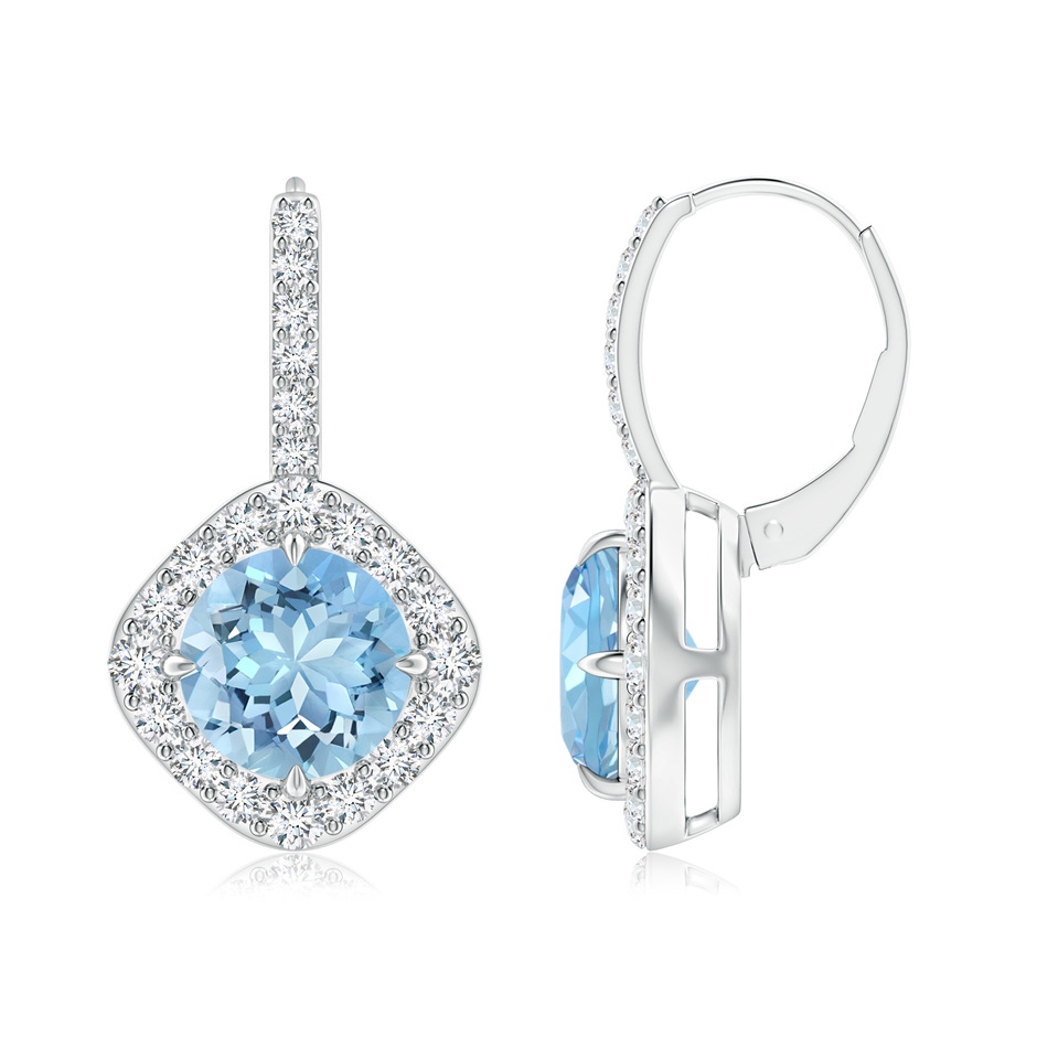 8mm AAAA Claw-Set Aquamarine and Diamond Leverback Halo Earrings in P950 Platinum 
