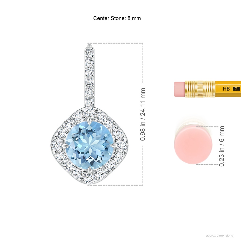 8mm AAAA Claw-Set Aquamarine and Diamond Leverback Halo Earrings in P950 Platinum ruler