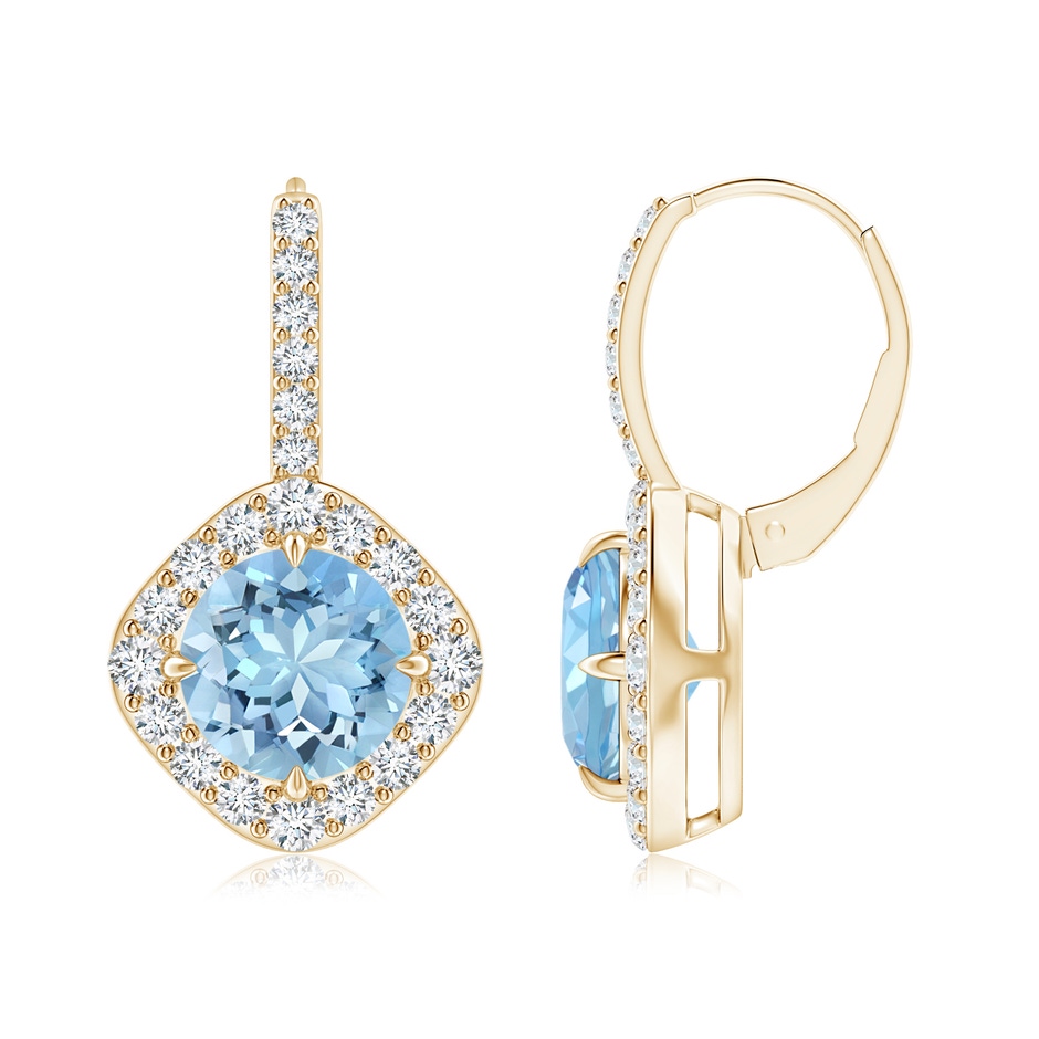 8mm AAAA Claw-Set Aquamarine and Diamond Leverback Halo Earrings in Yellow Gold 