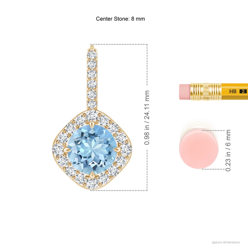 8mm AAAA Claw-Set Aquamarine and Diamond Leverback Halo Earrings in Yellow Gold ruler