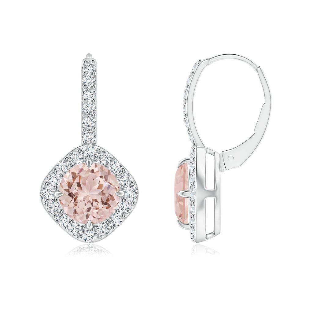 7mm AAA Claw-Set Morganite and Diamond Leverback Halo Earrings in White Gold