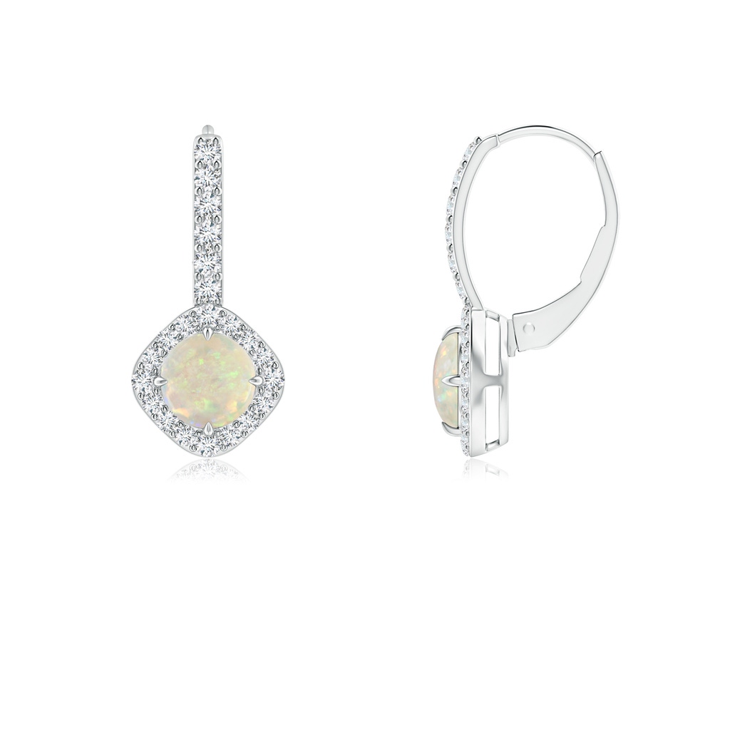 5mm AAA Claw-Set Cabochon Opal and Diamond Leverback Halo Earrings in White Gold