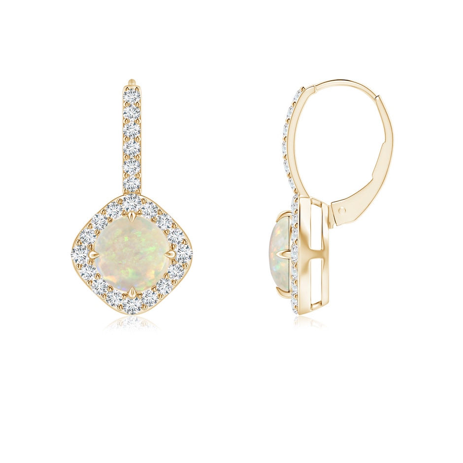 6mm AAA Claw-Set Cabochon Opal and Diamond Leverback Halo Earrings in Yellow Gold 