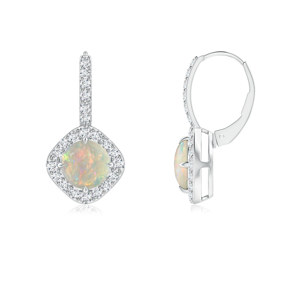 6mm AAAA Claw-Set Cabochon Opal and Diamond Leverback Halo Earrings in White Gold