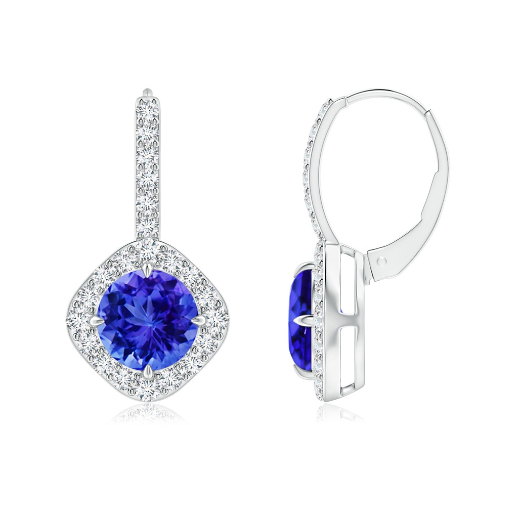 7mm AAA Claw-Set Tanzanite and Diamond Leverback Halo Earrings in White Gold