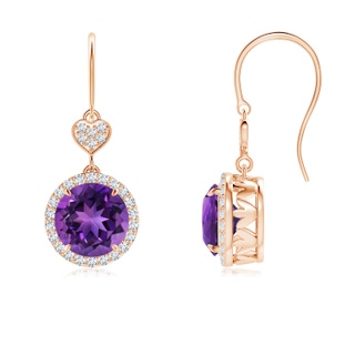 7mm AAAA Claw-Set Amethyst Dangle Earrings with Diamond Heart Motif in Rose Gold