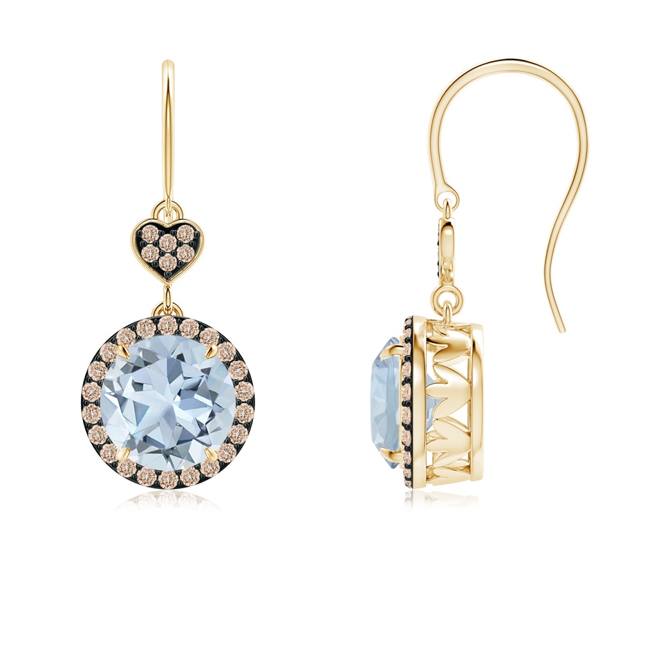 7mm A Claw-Set Aquamarine Dangle Earrings with Coffee Diamonds in Yellow Gold 