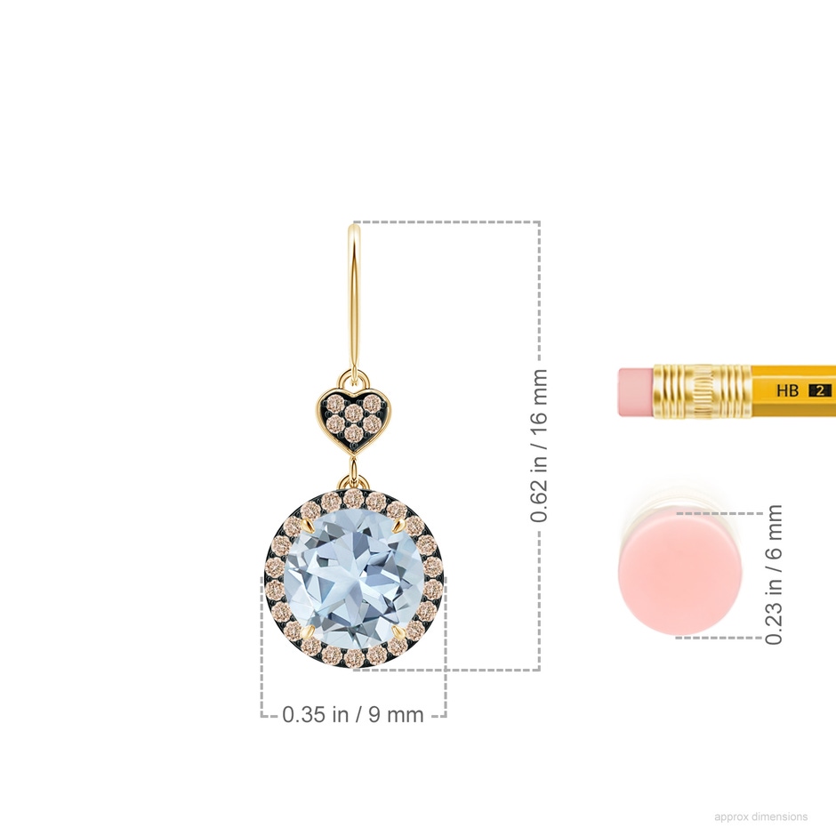 7mm A Claw-Set Aquamarine Dangle Earrings with Coffee Diamonds in Yellow Gold ruler