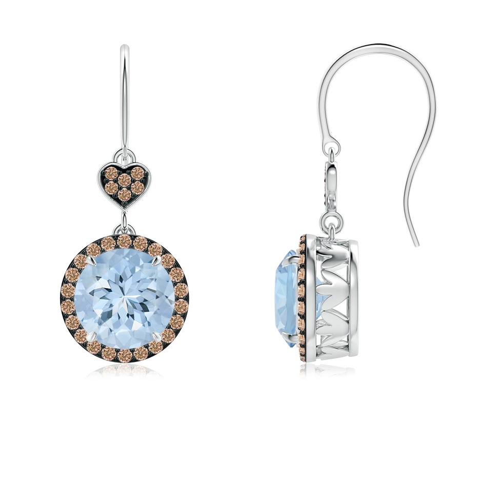 7mm AA Claw-Set Aquamarine Dangle Earrings with Coffee Diamonds in White Gold 