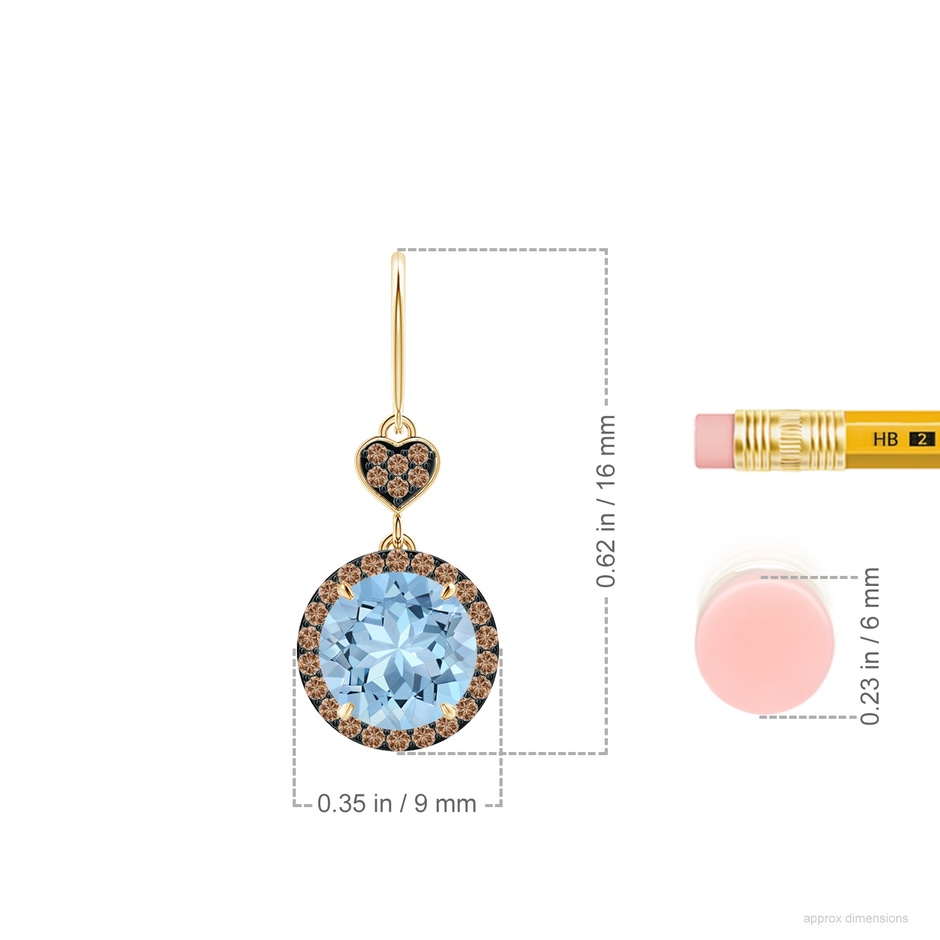 7mm AAA Claw-Set Aquamarine Dangle Earrings with Coffee Diamonds in 18K Yellow Gold ruler