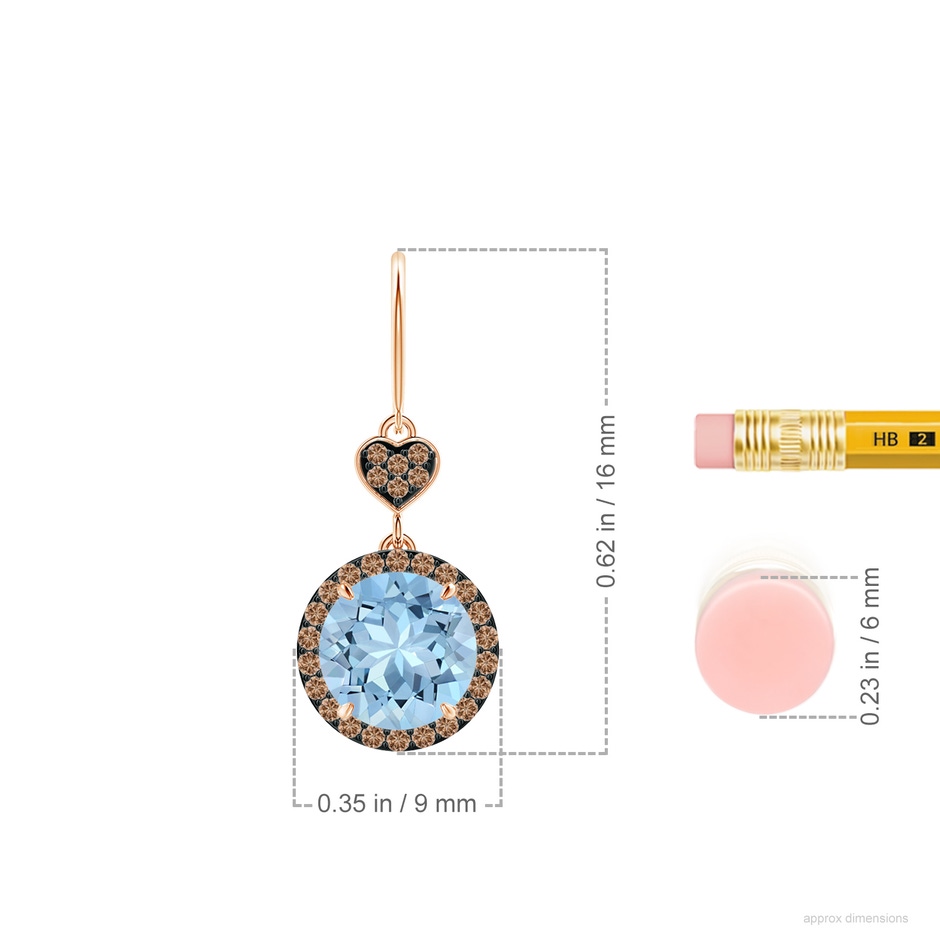 7mm AAA Claw-Set Aquamarine Dangle Earrings with Coffee Diamonds in Rose Gold ruler