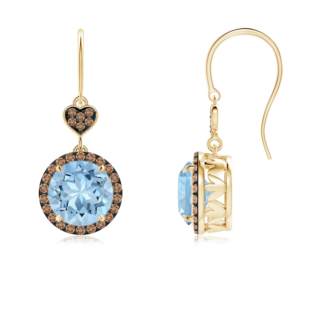 7mm AAA Claw-Set Aquamarine Dangle Earrings with Coffee Diamonds in Yellow Gold