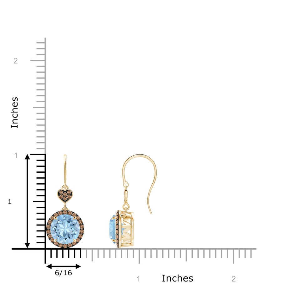 7mm AAA Claw-Set Aquamarine Dangle Earrings with Coffee Diamonds in Yellow Gold ruler