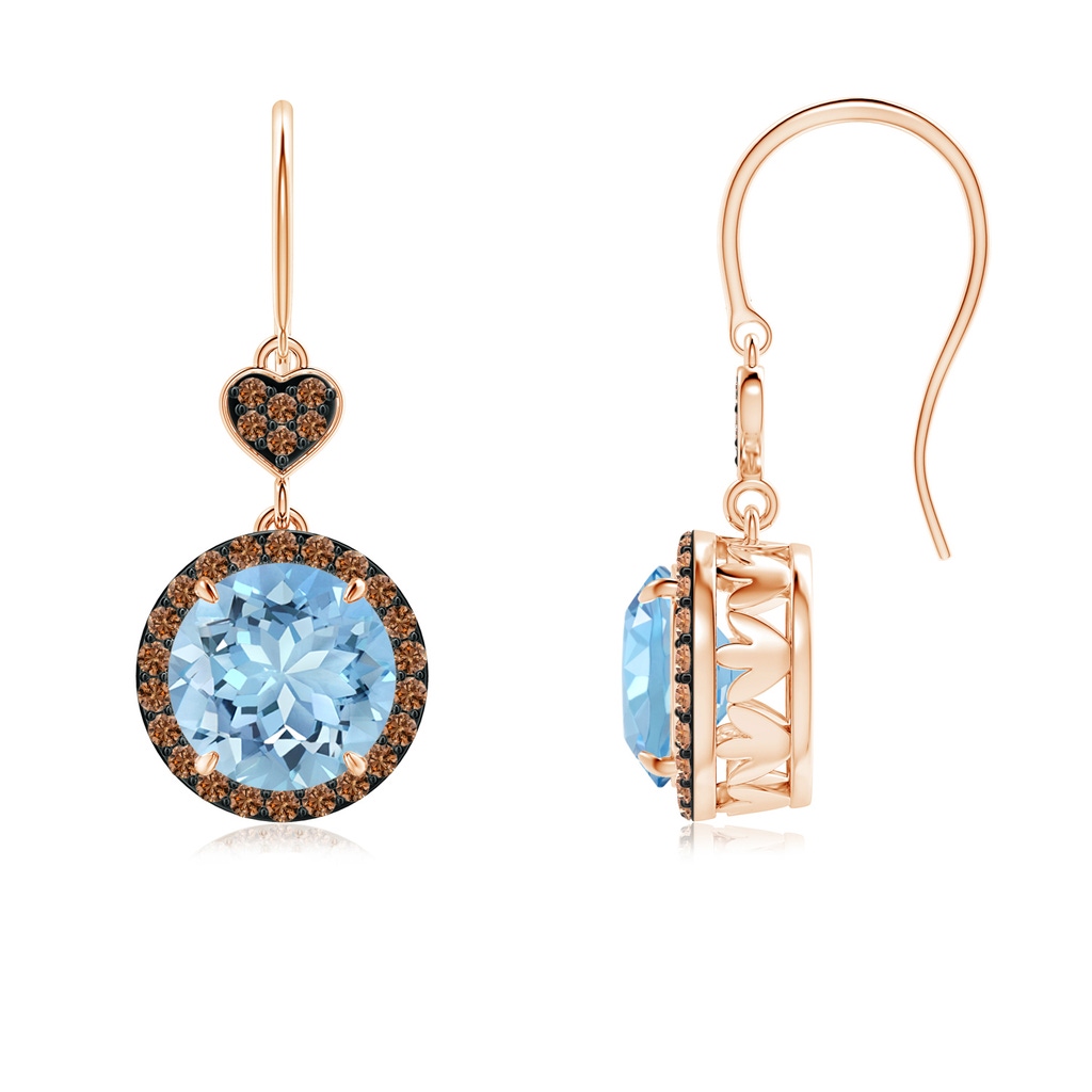 7mm AAAA Claw-Set Aquamarine Dangle Earrings with Coffee Diamonds in Rose Gold