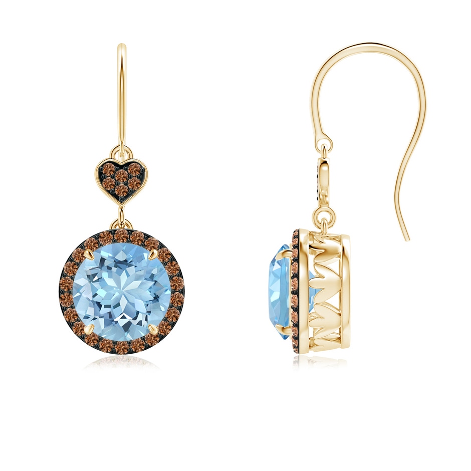 7mm AAAA Claw-Set Aquamarine Dangle Earrings with Coffee Diamonds in Yellow Gold 