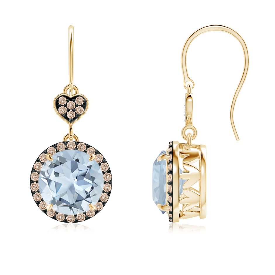 8mm A Claw-Set Aquamarine Dangle Earrings with Coffee Diamonds in Yellow Gold 