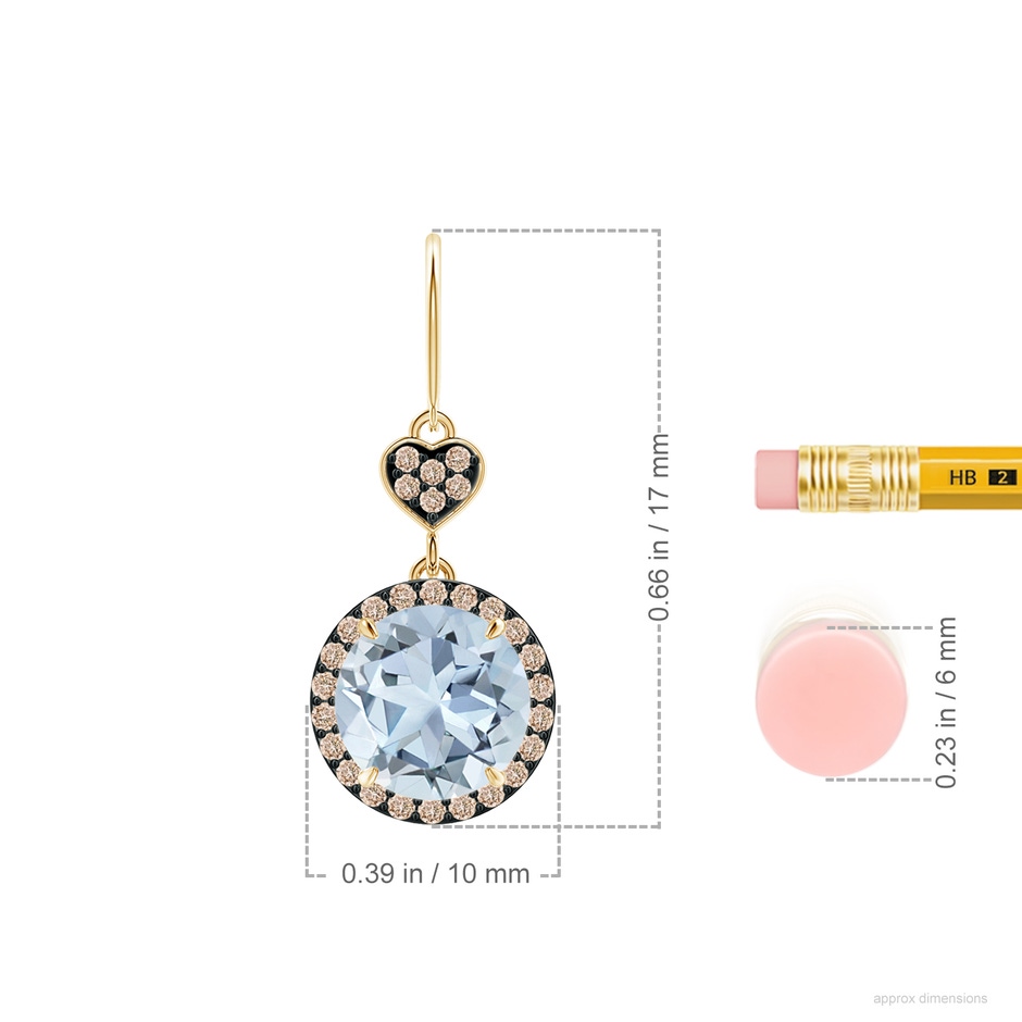 8mm A Claw-Set Aquamarine Dangle Earrings with Coffee Diamonds in Yellow Gold ruler