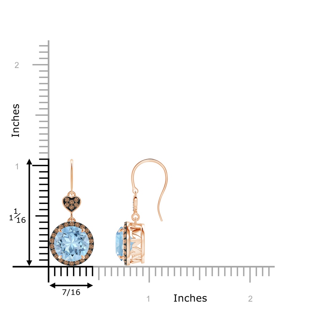 8mm AAA Claw-Set Aquamarine Dangle Earrings with Coffee Diamonds in Rose Gold Ruler