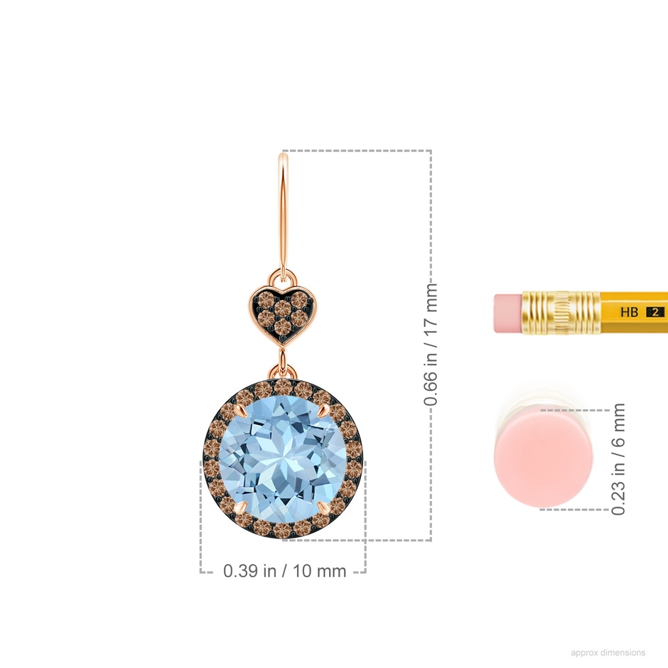 8mm AAA Claw-Set Aquamarine Dangle Earrings with Coffee Diamonds in Rose Gold ruler