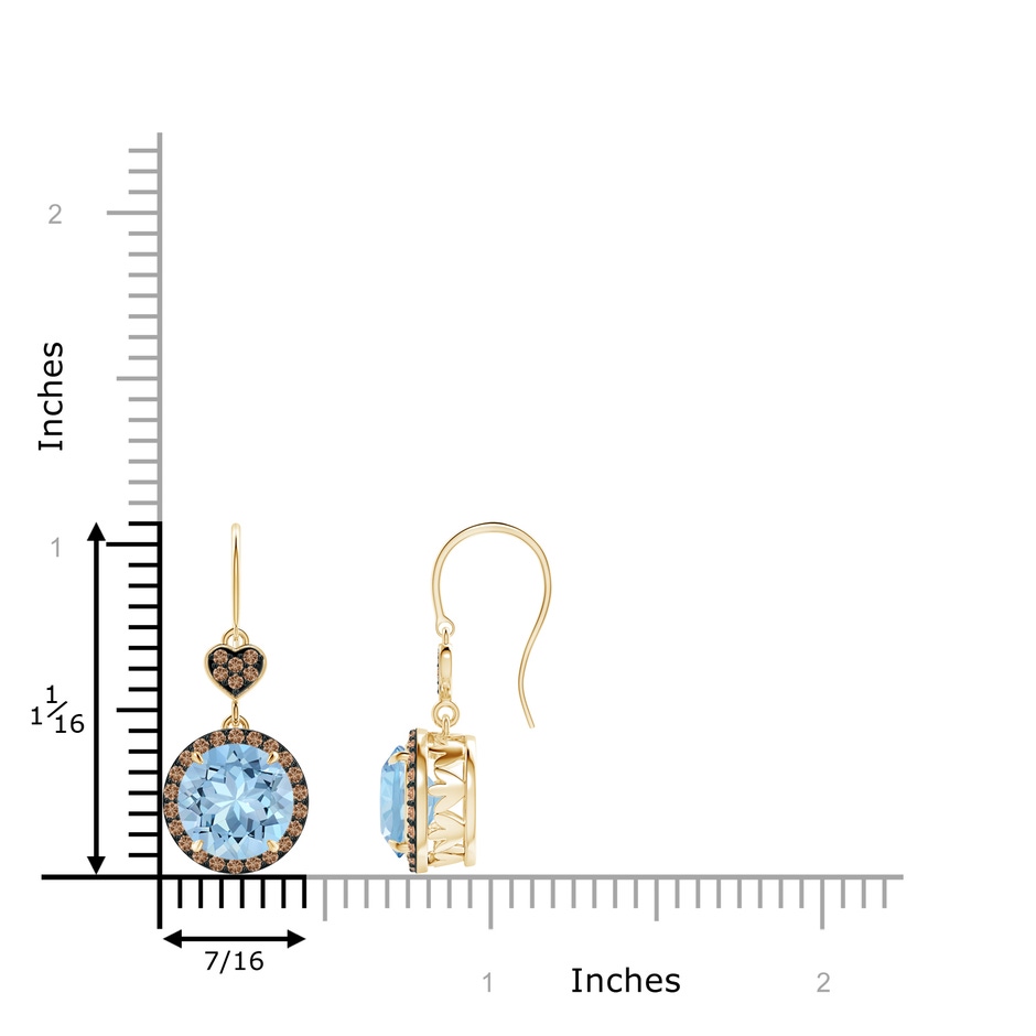 8mm AAA Claw-Set Aquamarine Dangle Earrings with Coffee Diamonds in Yellow Gold ruler