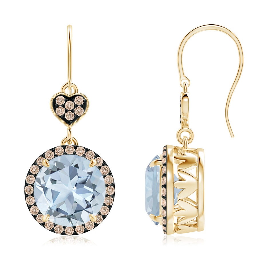 9mm A Claw-Set Aquamarine Dangle Earrings with Coffee Diamonds in Yellow Gold 