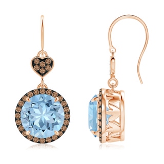 9mm AAA Claw-Set Aquamarine Dangle Earrings with Coffee Diamonds in Rose Gold