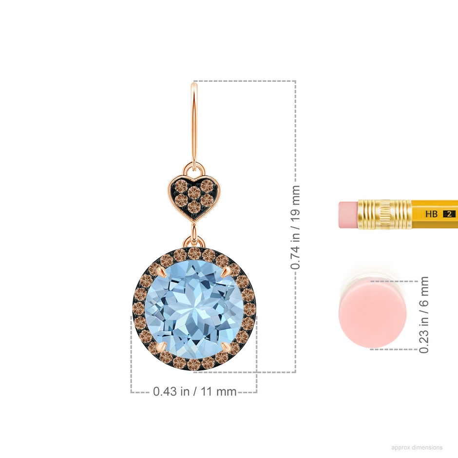 9mm AAA Claw-Set Aquamarine Dangle Earrings with Coffee Diamonds in Rose Gold ruler