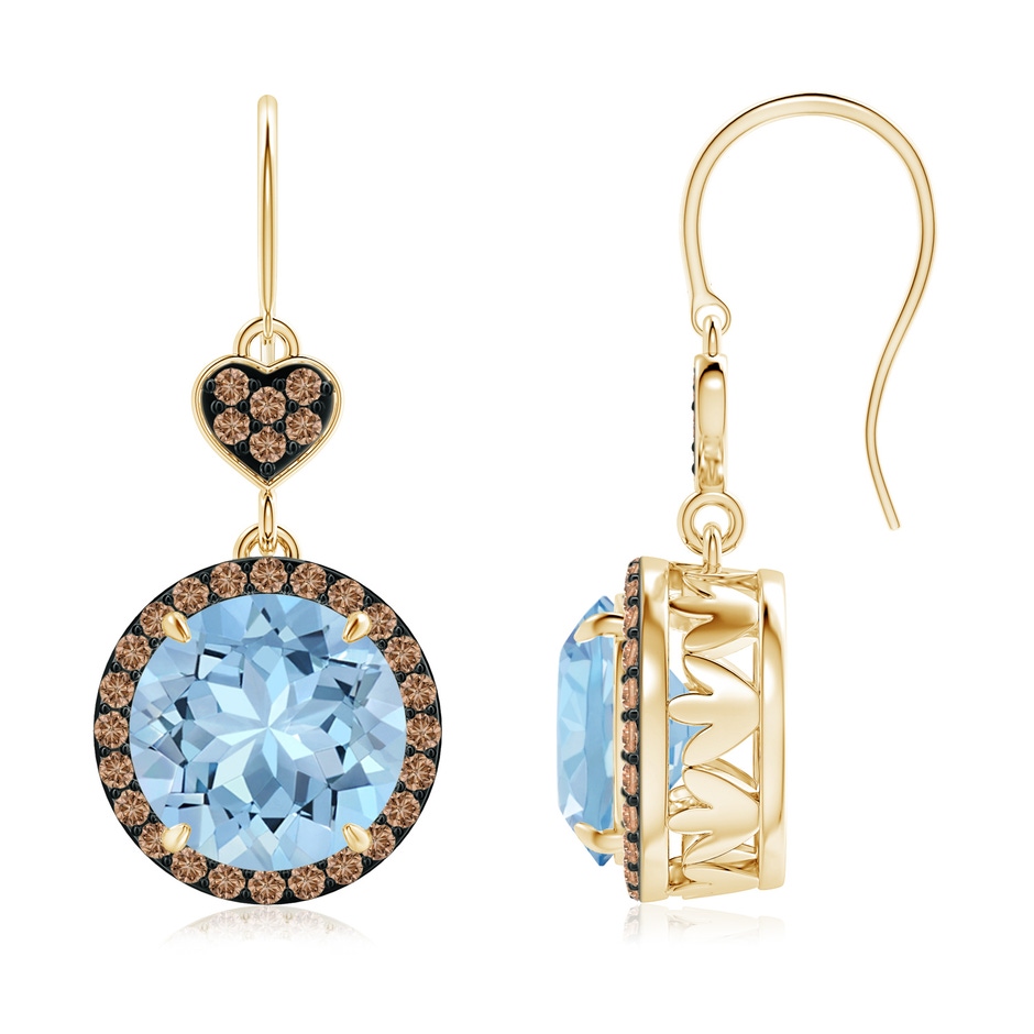 9mm AAA Claw-Set Aquamarine Dangle Earrings with Coffee Diamonds in Yellow Gold 