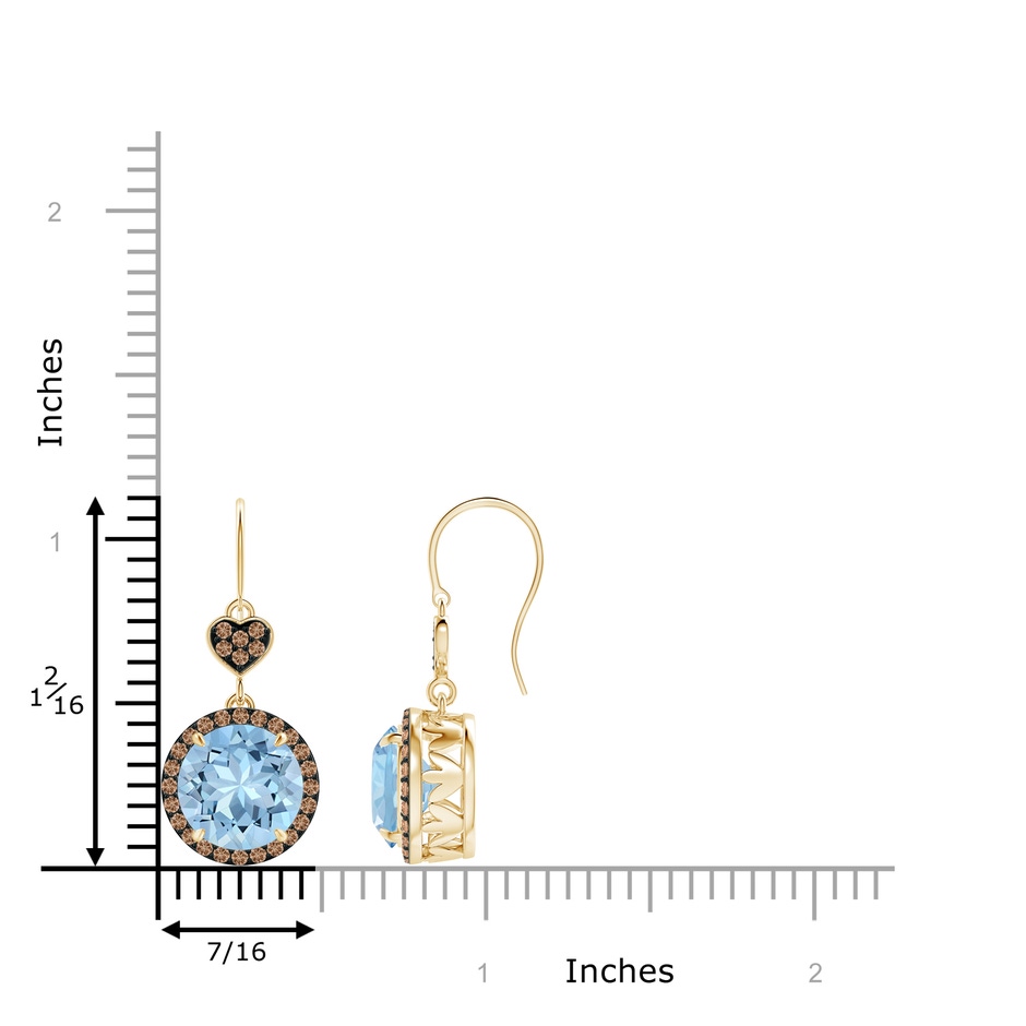 9mm AAA Claw-Set Aquamarine Dangle Earrings with Coffee Diamonds in Yellow Gold ruler