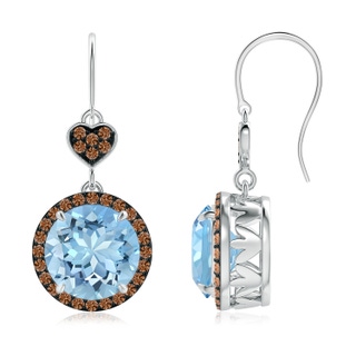 9mm AAAA Claw-Set Aquamarine Dangle Earrings with Coffee Diamonds in P950 Platinum