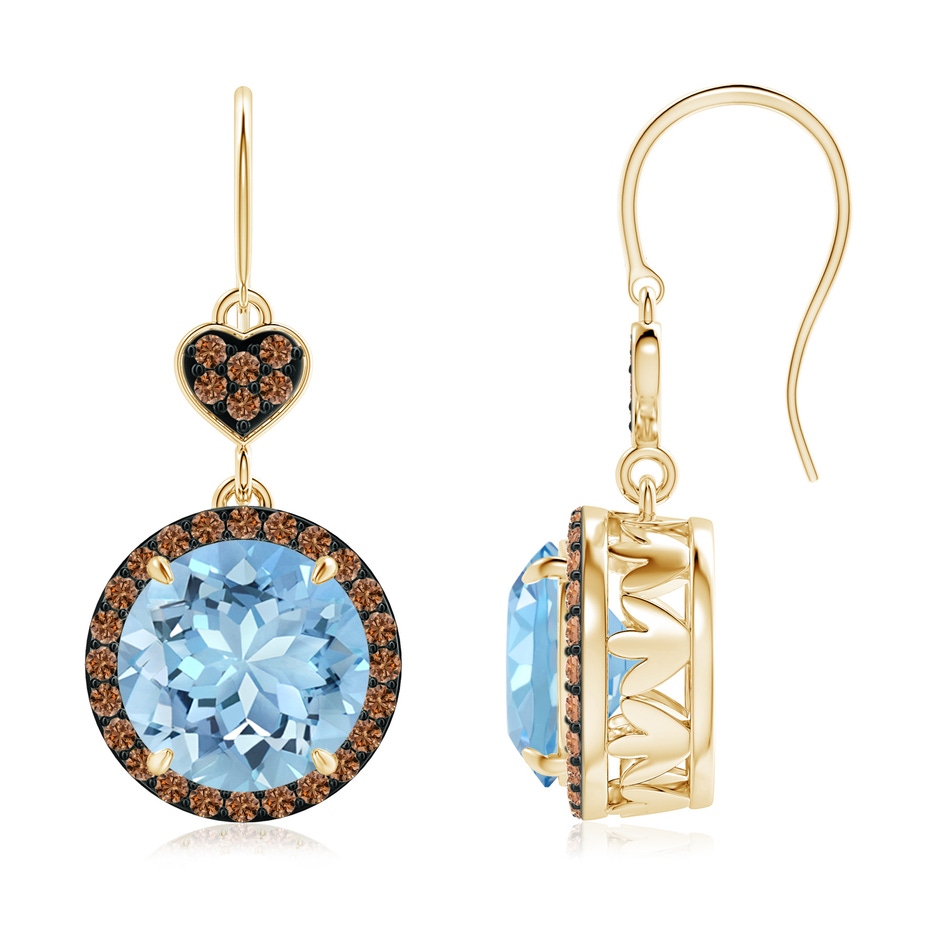 9mm AAAA Claw-Set Aquamarine Dangle Earrings with Coffee Diamonds in Yellow Gold 