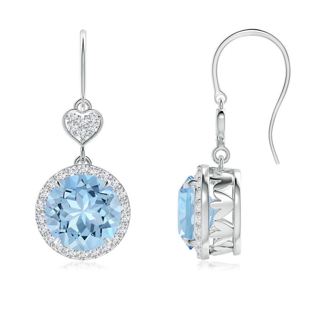 8mm AAA Claw-Set Aquamarine Dangle Earrings with Diamond Heart Motif in White Gold